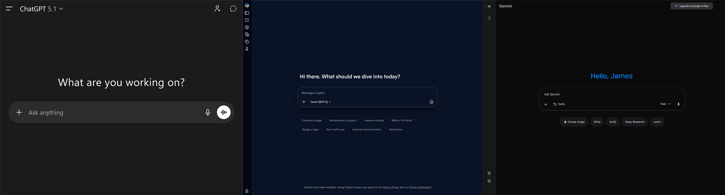 Comparison of major AI chatbots: ChatGPT, Microsoft Copilot, and Google Gemini