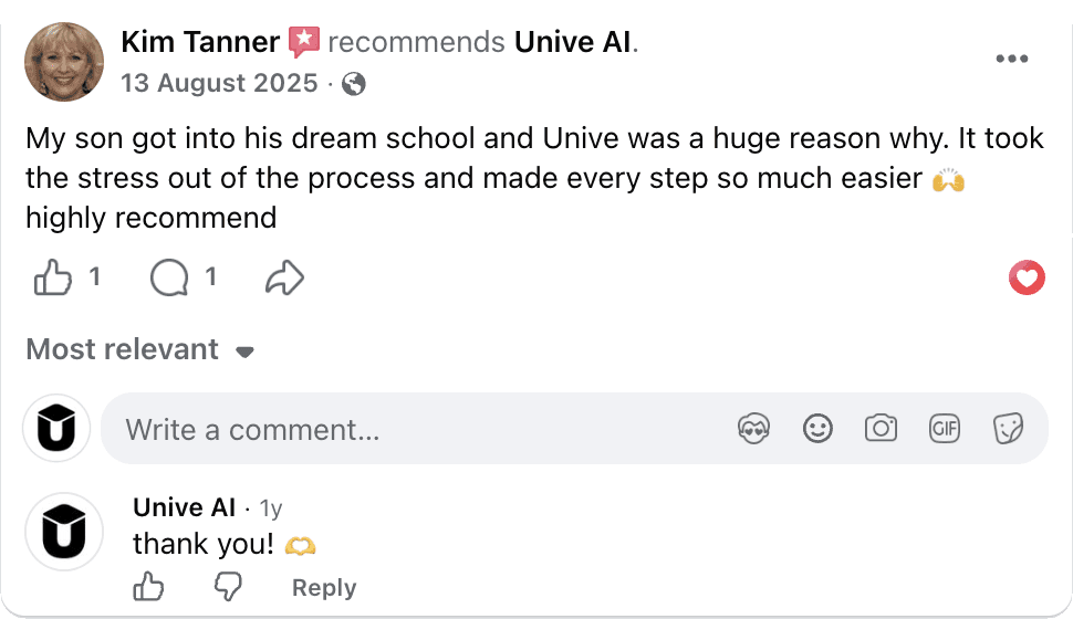 Facebook recommendation from Kim Tanner for Unive AI