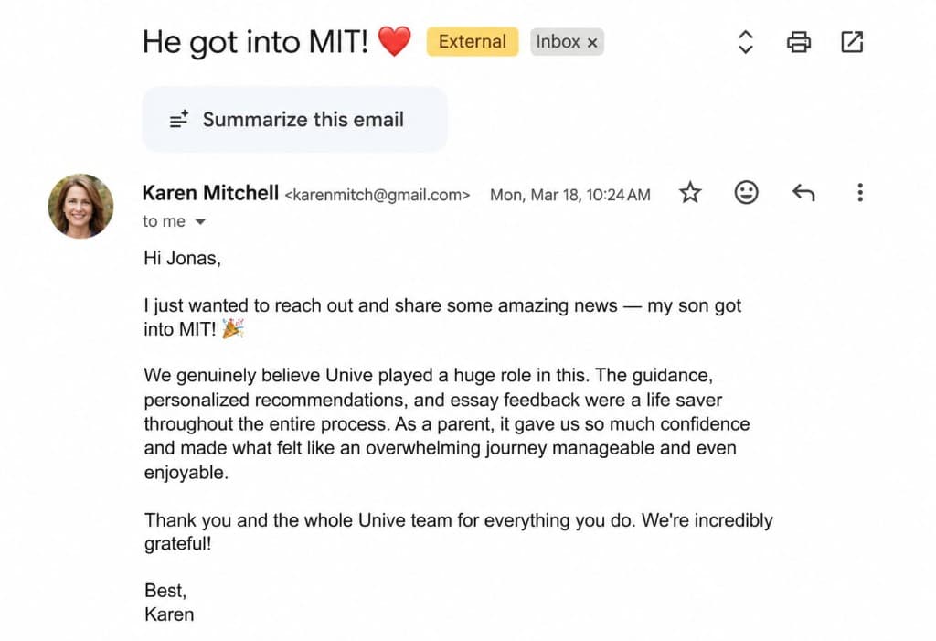 Email from Karen Mitchell: He got into MIT