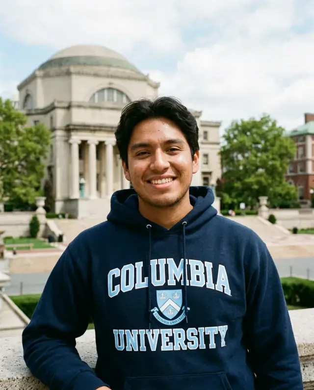 Student celebrating admission to Columbia University